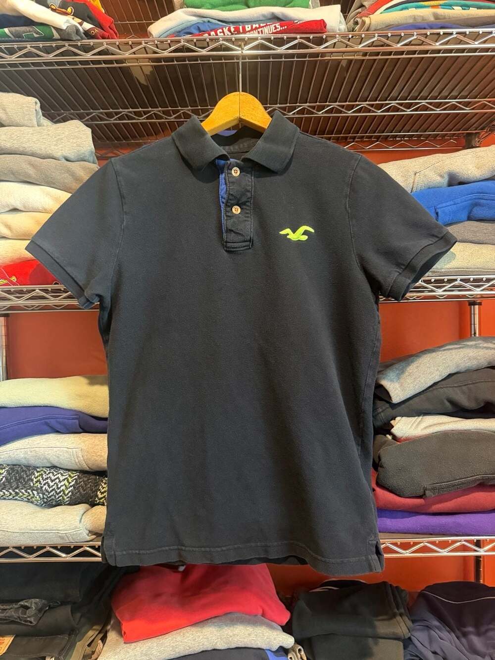Hollister Men's Black Short Sleeve Polo Shirt with Neon Green Logo Size M